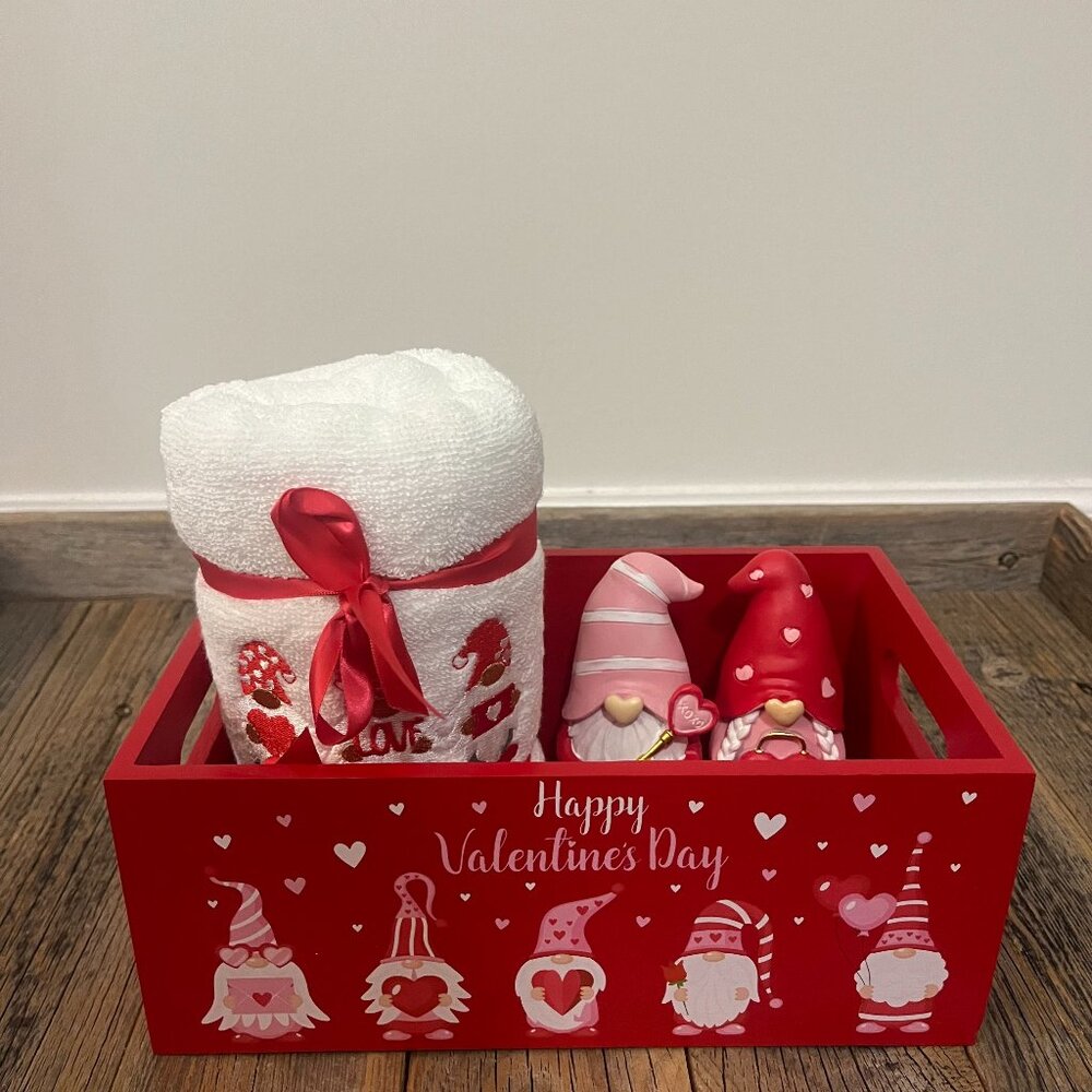 Valentine's Day Gift Set with Wood Box Hand Towel and Gnome Figurines